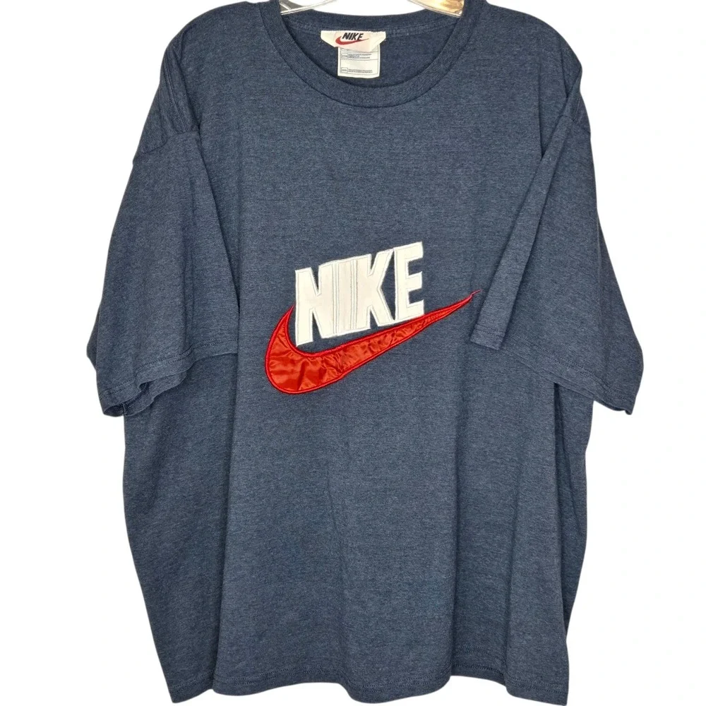 VTG 90s Nike Center Swoosh TShirt XXXL Blue Big Logo Satin Spellout White Tag 3X